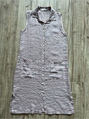Linen made in Italy baggy Sleeveless Striped Button-Front Shirt Dress pockets